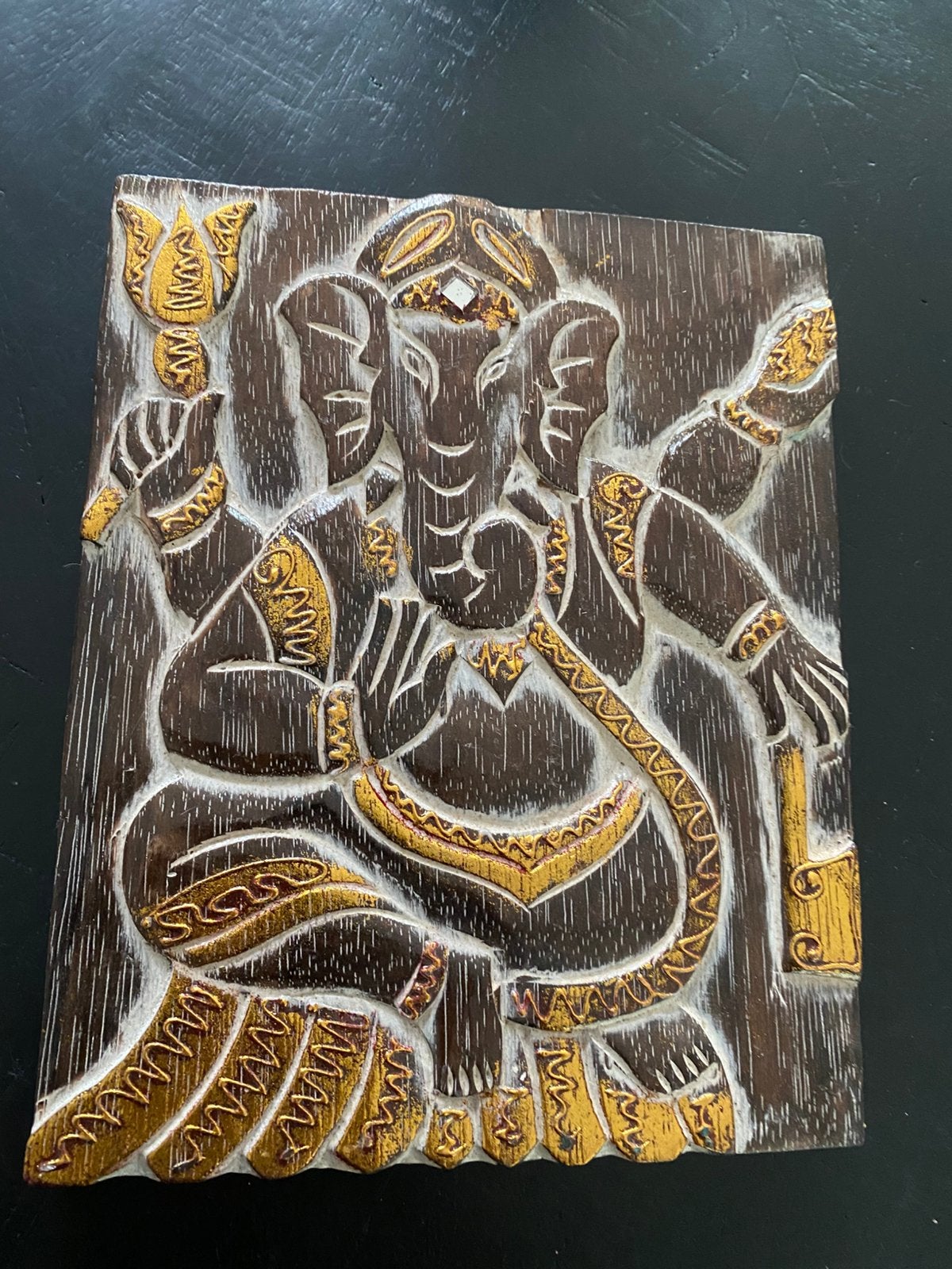 Wandpaneel/wand paneeltje, Ganesha,hout, bruin/goud, Ophalen