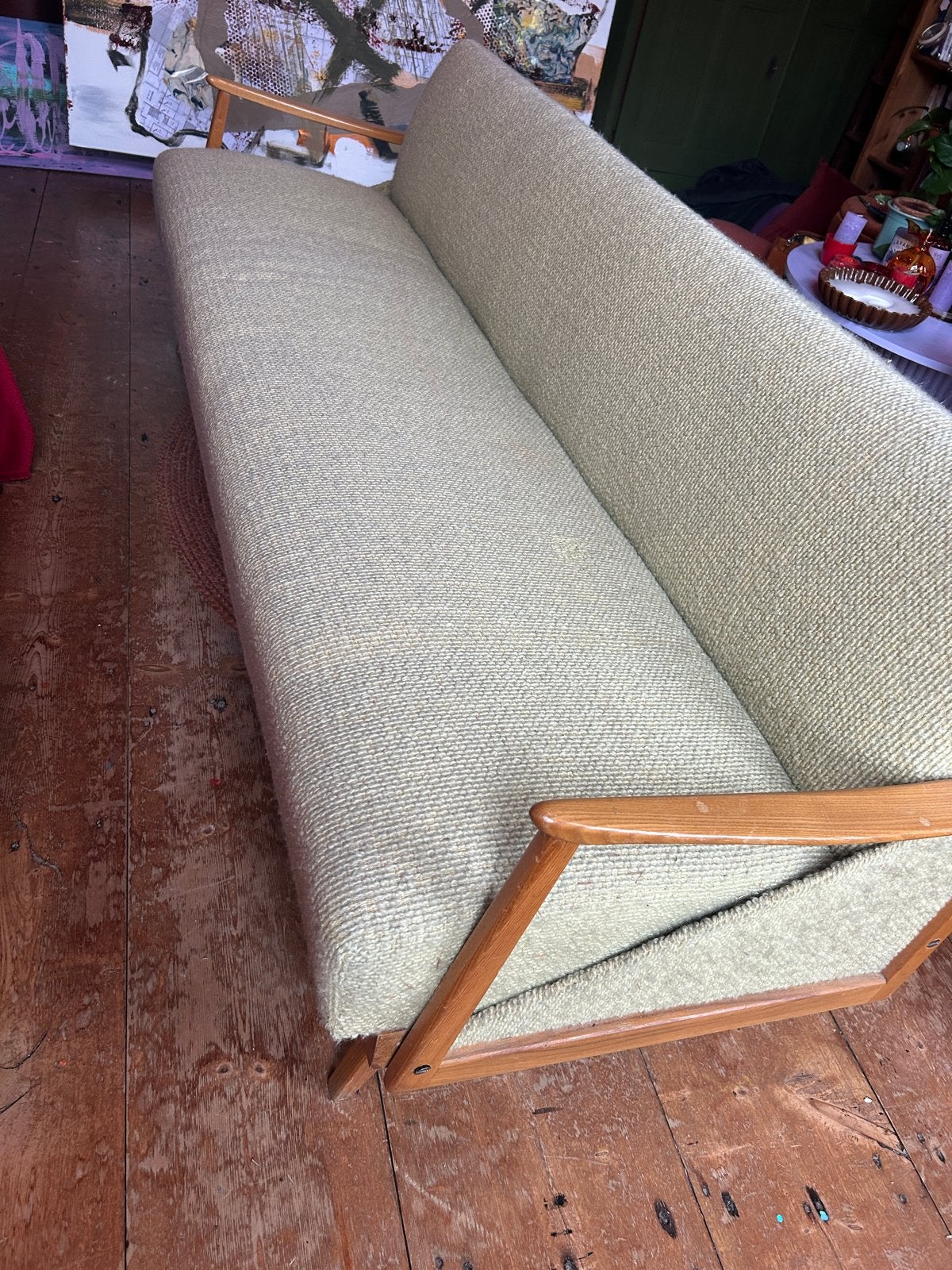 Vintage rechte bank in stof en hout - 3-persoons, Ophalen, Gebruikt, 150 tot 200 cm, Driepersoons