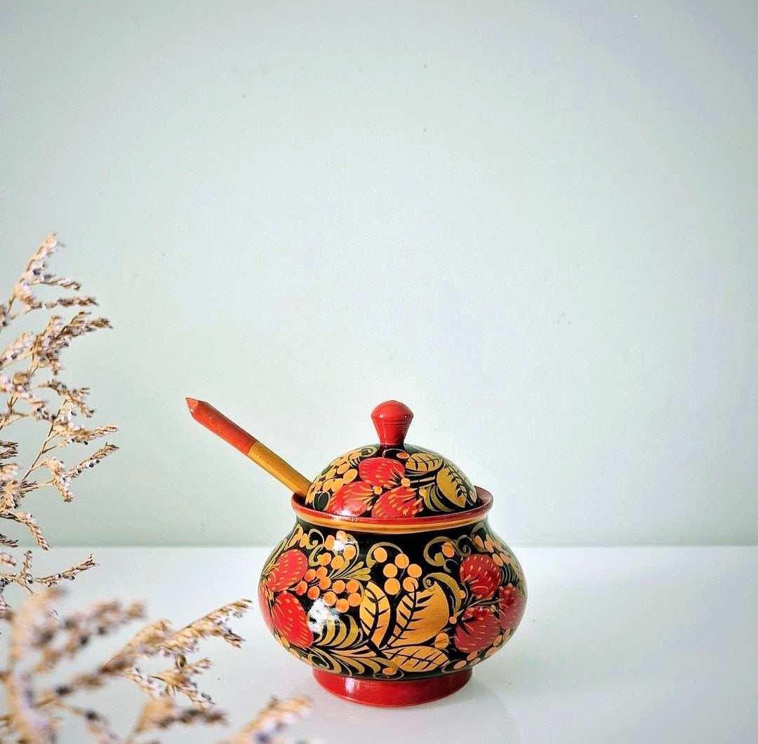 Khokhloma suikerpot met lepel, Antiek en Kunst, Ophalen of Verzenden