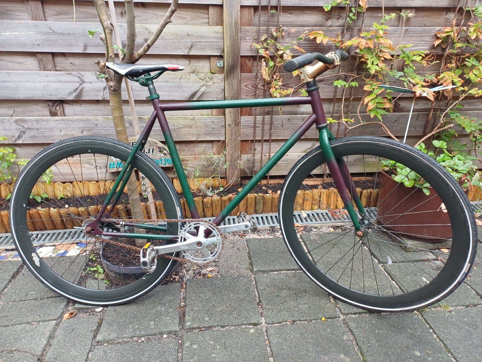 Unieke Fixie/Singlespeed Fiets -groen/rood, Gebruikt, Velgrem, 53 tot 57 cm, Ophalen