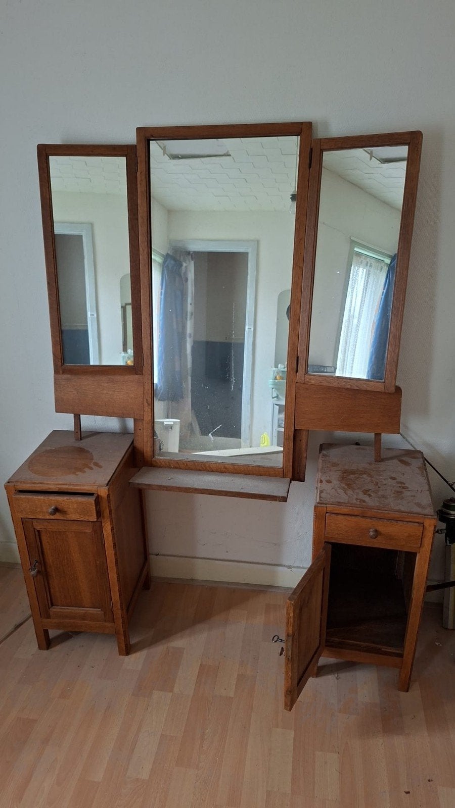 Vintage kaptafel met drieluik spiegel en ladekasten, Ophalen of Verzenden