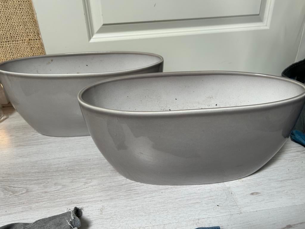 Set van 2 ovale bloempotten - Roma Pot Ovaal, Ophalen of Verzenden, Zo goed als nieuw, Grijs, Steen/keramiek