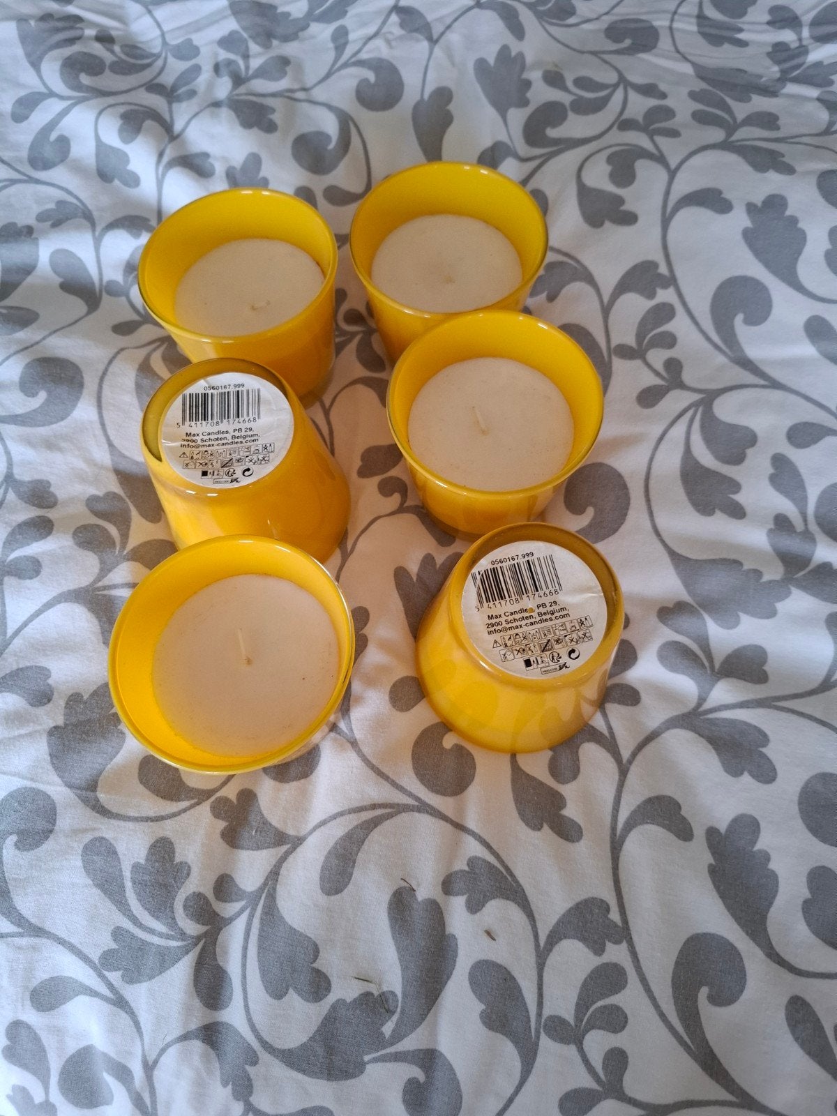 6 gele glazen potjes met kaarsen 3 euro, 8 cm, Geel, Nieuw, Ophalen of Verzenden