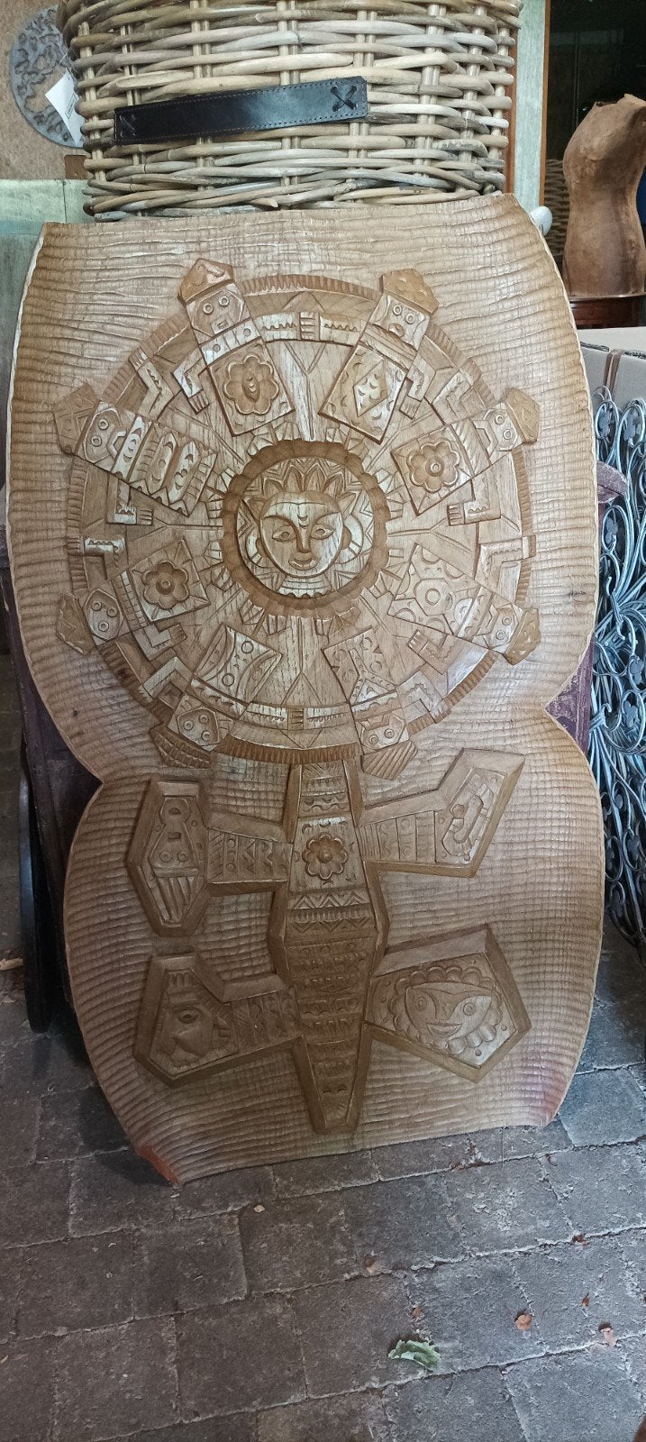 Hout gesneden wand ornament Azteekse afbeelding, Wanddecoratie, Hout, Zuid-Amerika, 50 - 100 cm