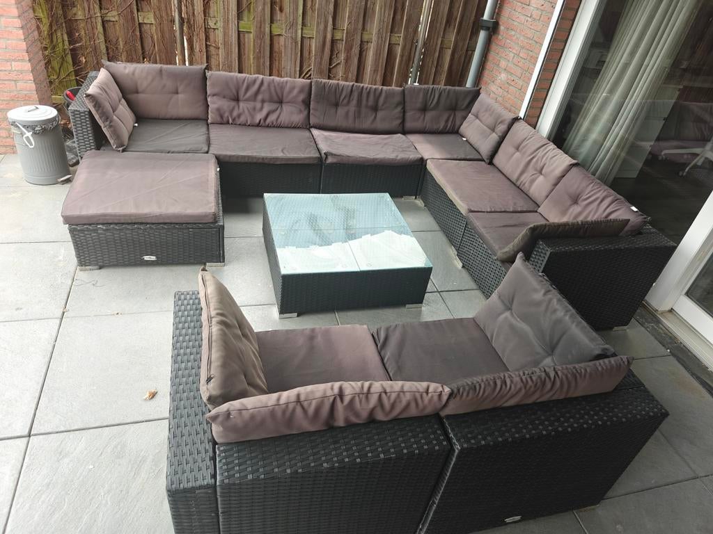 VidaXL 10-delige zwarte tuinset met glazen tafel, Ophalen, Bank, Gebruikt, Meer dan 8 zitplaatsen