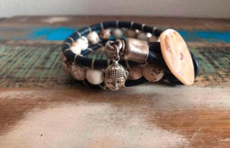Nieuw blauw leer armband kralen buddha hanger boedha, Verzenden, Nieuw, Blauw, Leer