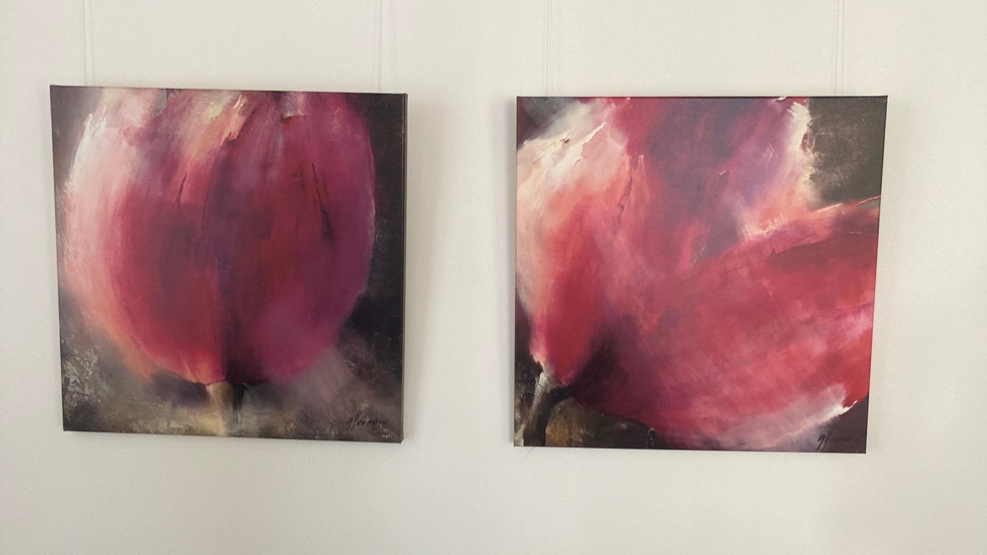 Greetje Feenstra - 2 x tulpen 80 x 80 cm roze - antraciet, Ophalen, Print, Overige materialen, Bloemen