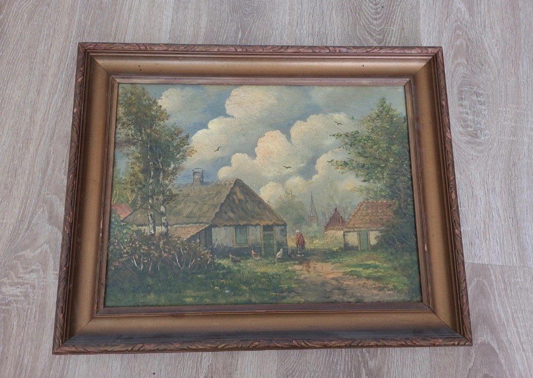 Oud Hollands Landschap Schilderij met Boerderij en Figuren, Antiek en Kunst, Ophalen of Verzenden