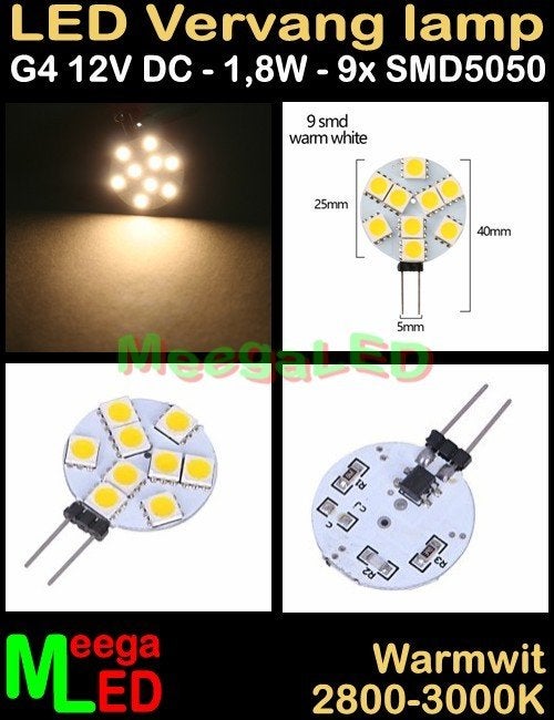 G4 ledspot ledlamp rond 9 SMD5050 - 12Vdc - 1,8 Watt, Led-lamp, Dimbaar, Nieuw, Ophalen of Verzenden
