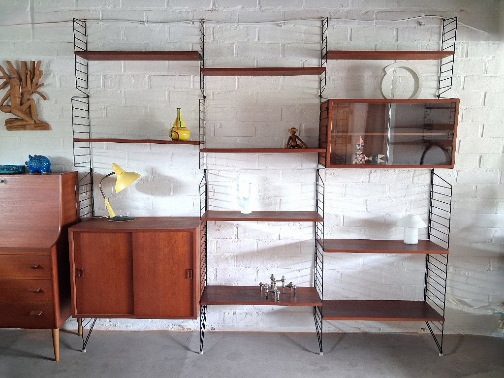 Nisse String wandmeubel, retro jaren 60 teak kast, Ophalen, 200 cm of meer, 25 tot 50 cm, 200 tot 250 cm