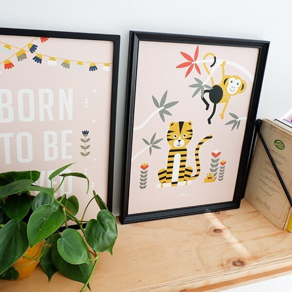 Kinderposter Poster Jungle Tijger en Aap Roze A3 ANNIdesign, Verzamelen, Posters, Nieuw, Dier of Natuur, A1 t/m A3, Rechthoekig Staand