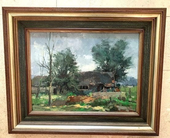 Boerderij in verval Brabant - Frans Manders geb.1939 Helmond, Paneel, Impressionistisch, Ophalen of Verzenden, Landschap