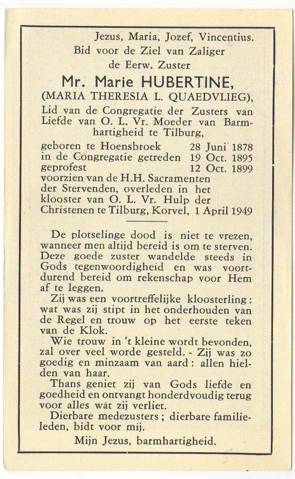zr. Maria Quaedvlieg 1878 Hoensbroek + 1949 Tilburg, 70 jr, Verzenden