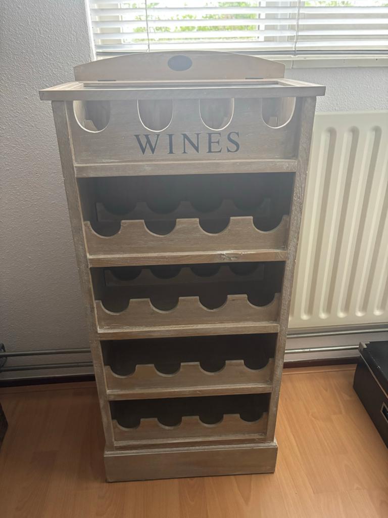 Houten wijnrek met opbergvak en glazen deksel, Huis en Inrichting, Woonaccessoires | Wijnrekken, Ophalen, 15 tot 25 flessen, Zo goed als nieuw