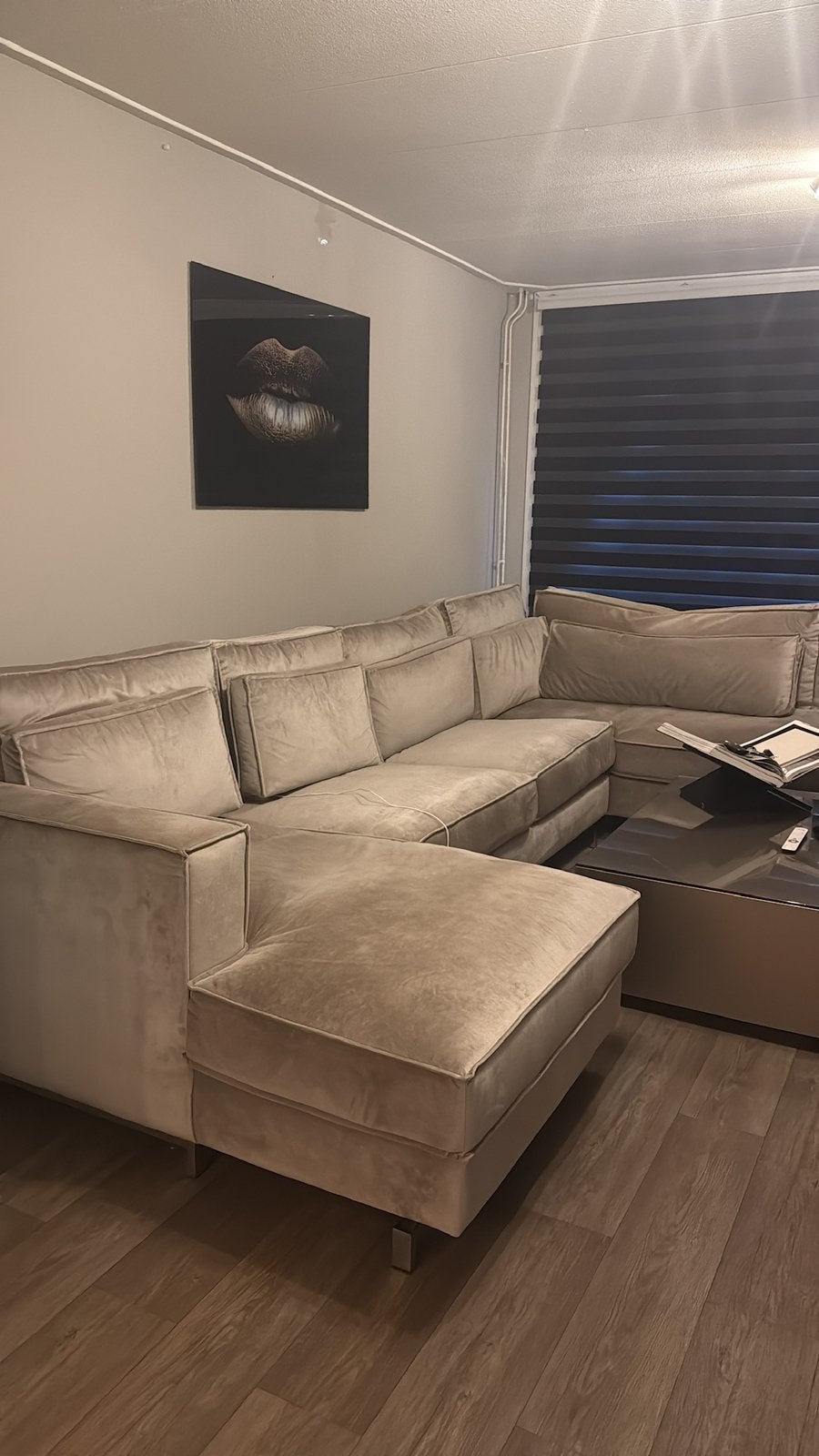 Hoekbank , u bank velvet champagne, Huis en Inrichting, Ophalen of Verzenden, Zo goed als nieuw