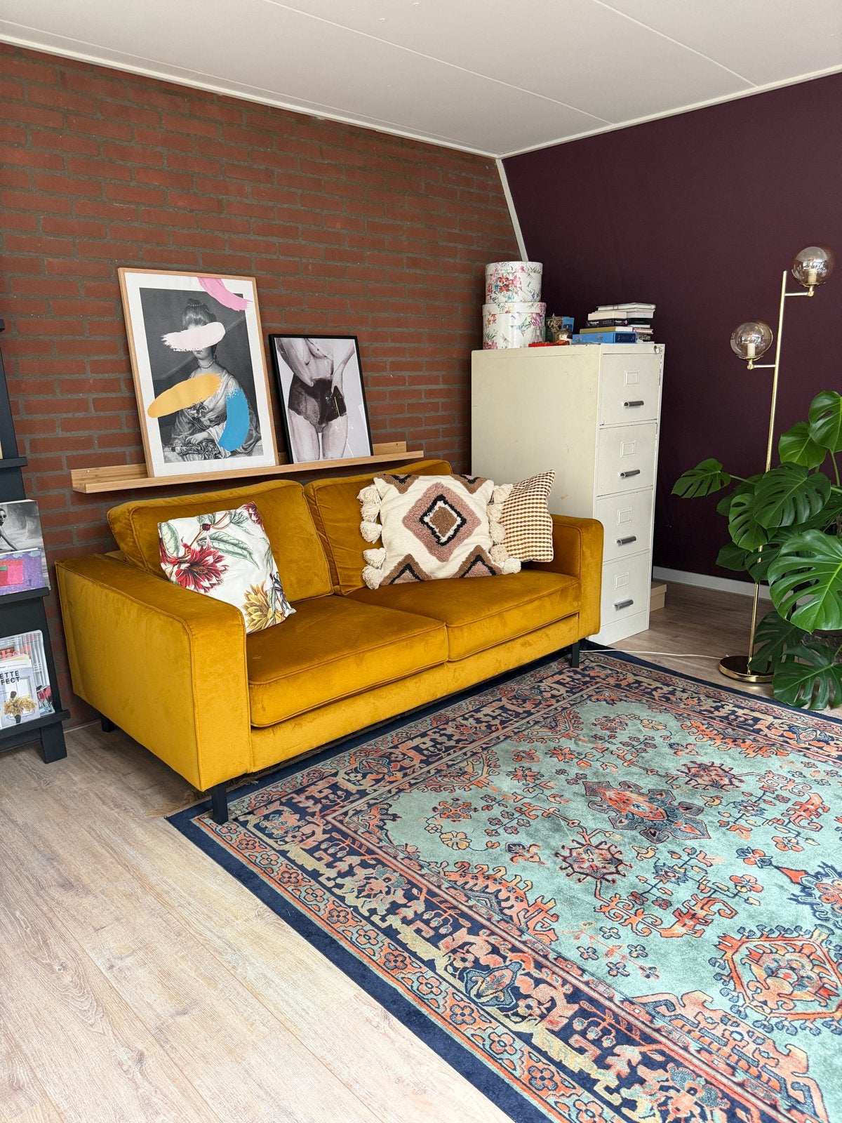Woood bank 2,5-zits okergeel velvet, Ophalen, Gebruikt, Driepersoons, 75 tot 100 cm