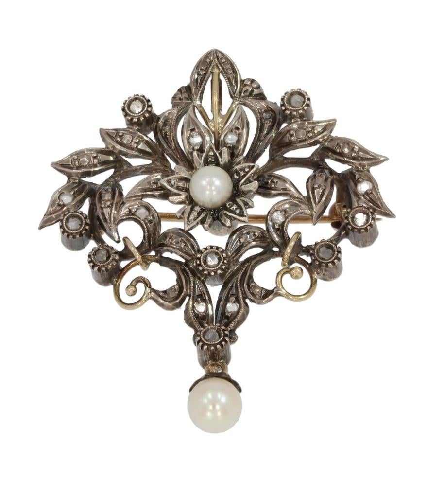 Grote diamanten antieke 14k gouden ketting hanger broche, Verzenden, Goud, Hanger, Met edelsteen