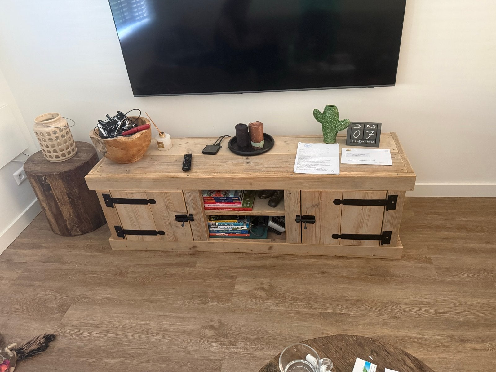 Steigerhouten TV meubel (165x45), Ophalen, Gebruikt, 150 tot 200 cm, Minder dan 100 cm