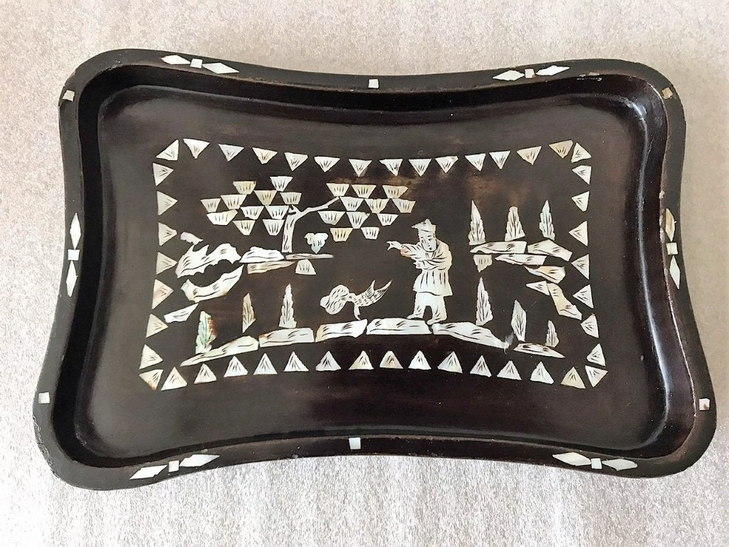 Oud Chinees Aziatisch dienblaadje Parelmoer 25 cm, Antiek en Kunst, Ophalen of Verzenden, Handgemaakt