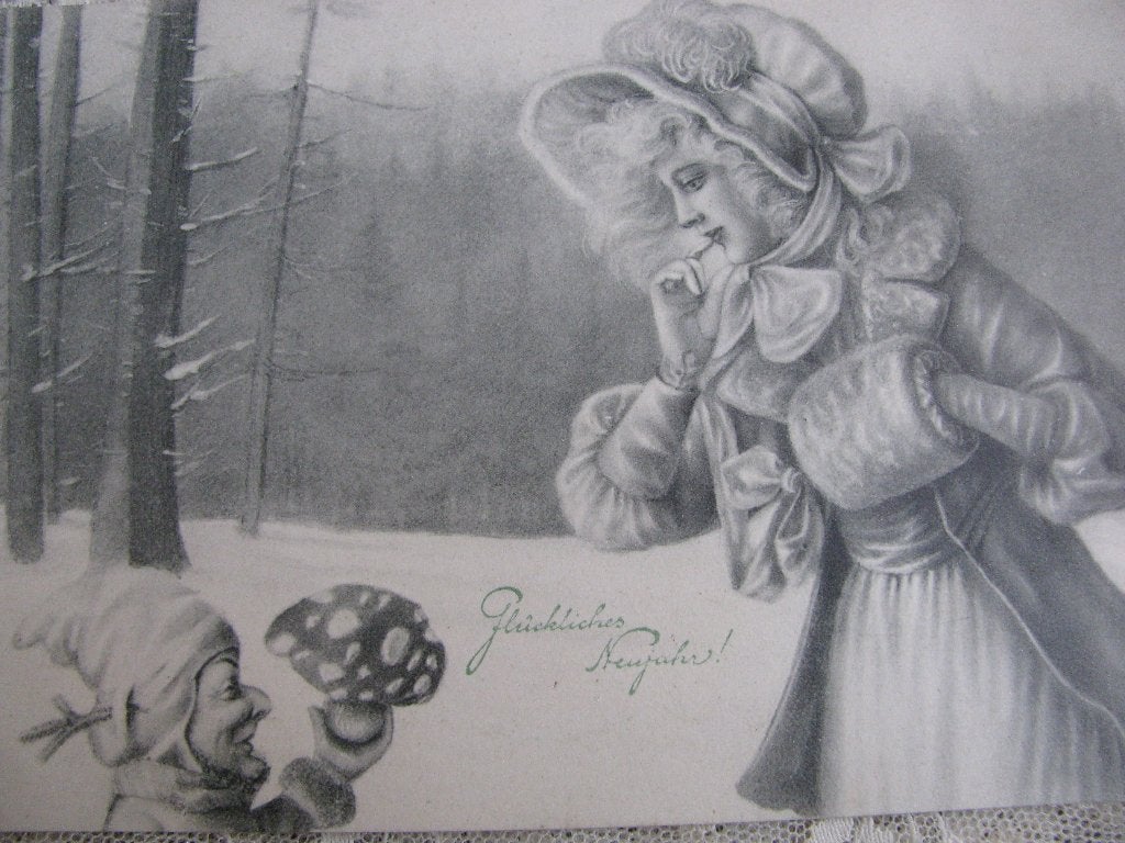 Antieke Kaart Dame Krijgt Paddenstoel van Kabouter / Wichera, Verzamelen, Ansichtkaarten | Themakaarten, Verzenden, Voor 1920