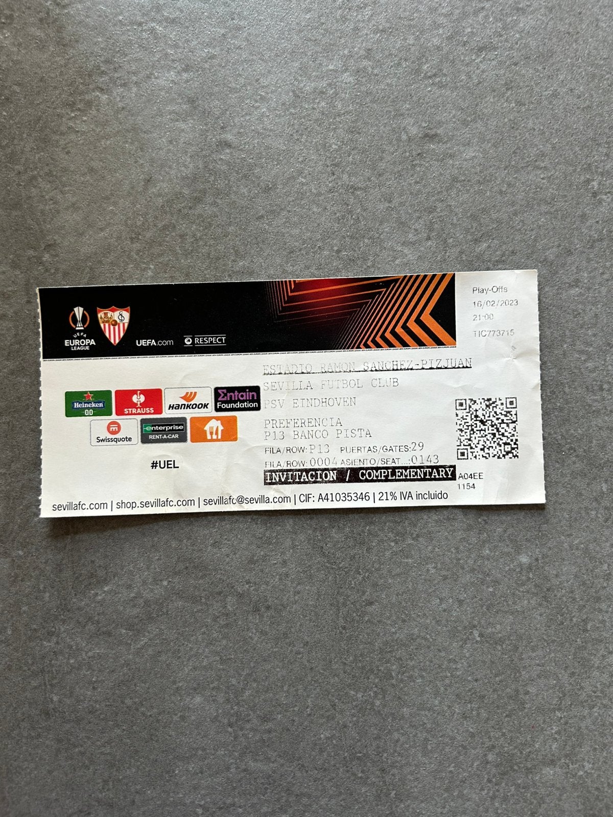 Sevilla FC - PSV ticket, Ophalen of Verzenden, Gebruikt, PSV, Overige typen