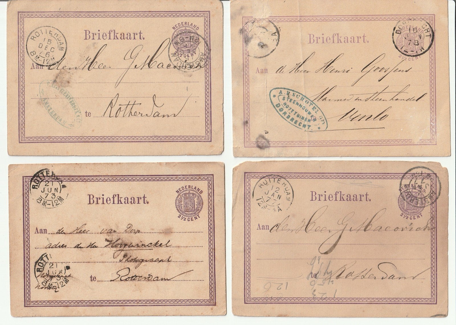 Set 4 oude briefkaarten 2,5 cent gelopen, Ophalen of Verzenden, Briefkaart