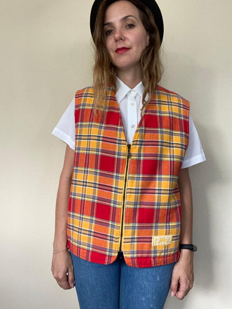 Vintage bodywarmer / gilet / waistcoat - oranje - geruit 42, Hgv, Hgv, Ophalen of Verzenden, Vintage