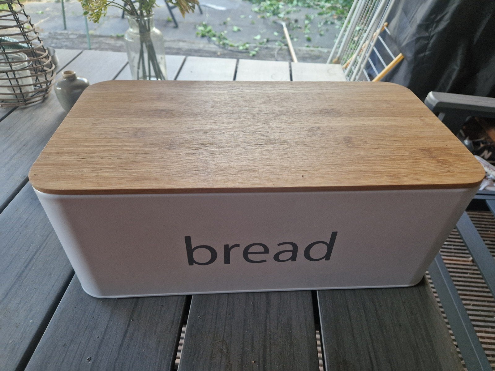 Broodtrommel met houten deksel - wit met 'bread' opdruk, Ophalen, Hout, Zo goed als nieuw, Overige merken
