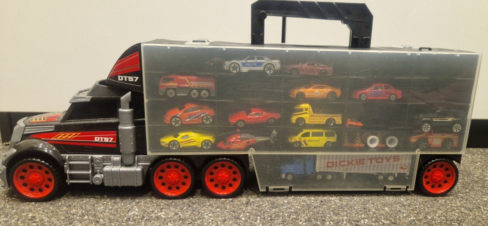 Dickie Toys Vrachtwagen met 42 autovakken en auto's, Kinderen en Baby's, Ophalen of Verzenden, Zo goed als nieuw