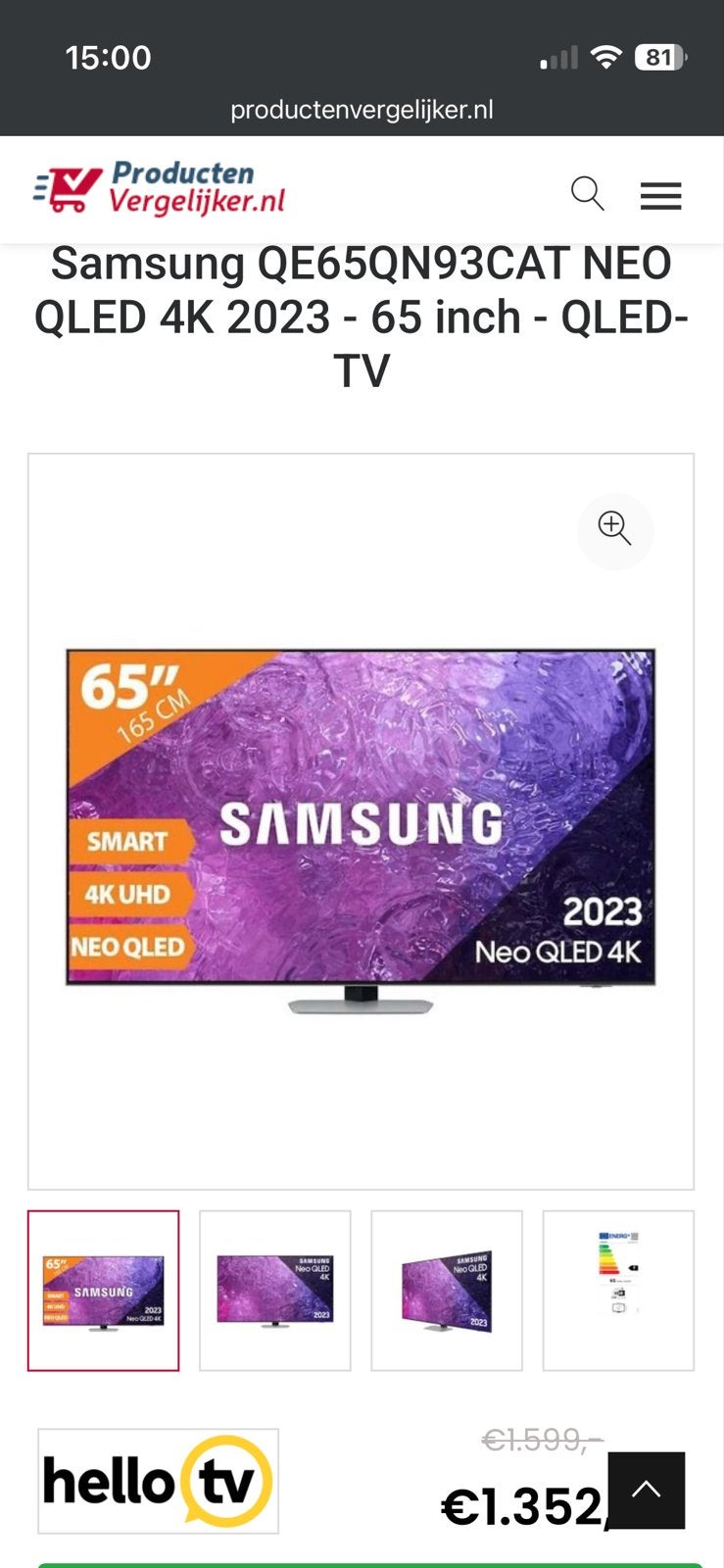 Samsung QE65QN93CAT Neo QLED 4K TV 2023 - 65 inch, QLED, Ophalen of Verzenden, Zo goed als nieuw, Samsung