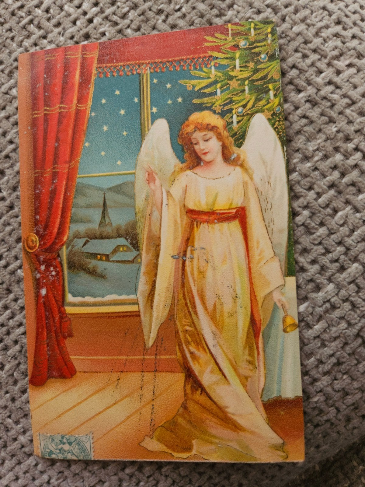 Antieke Kerstkaart met Engel en Winterlandschap, Ophalen of Verzenden