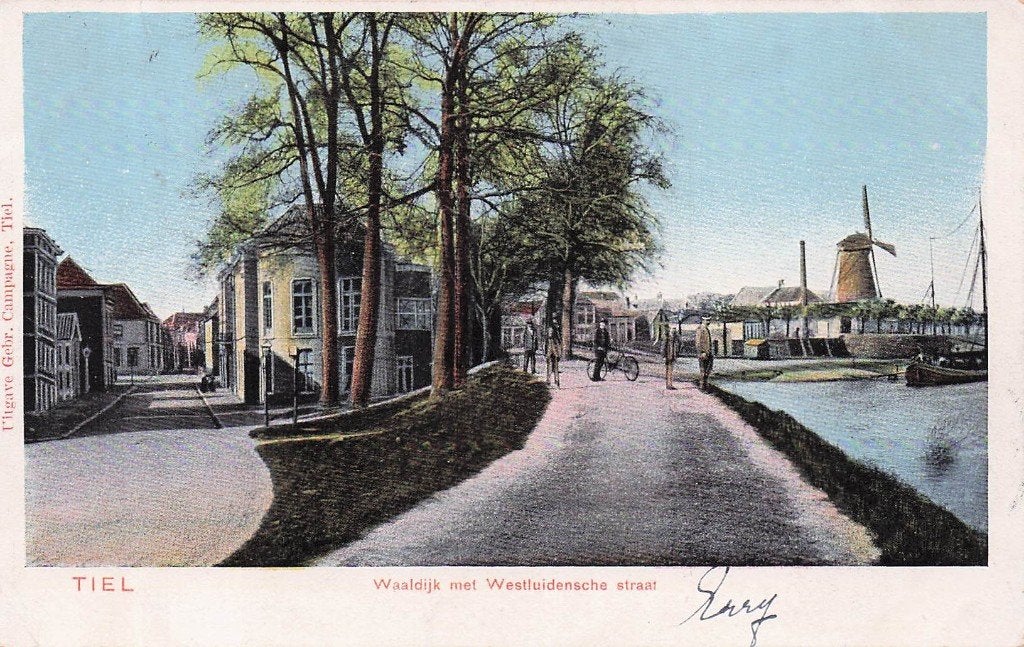 Tiel - Waaldijk met Westluidenschestraat en molen (1905), Ophalen of Verzenden, Voor 1920, Gelopen, Gelderland