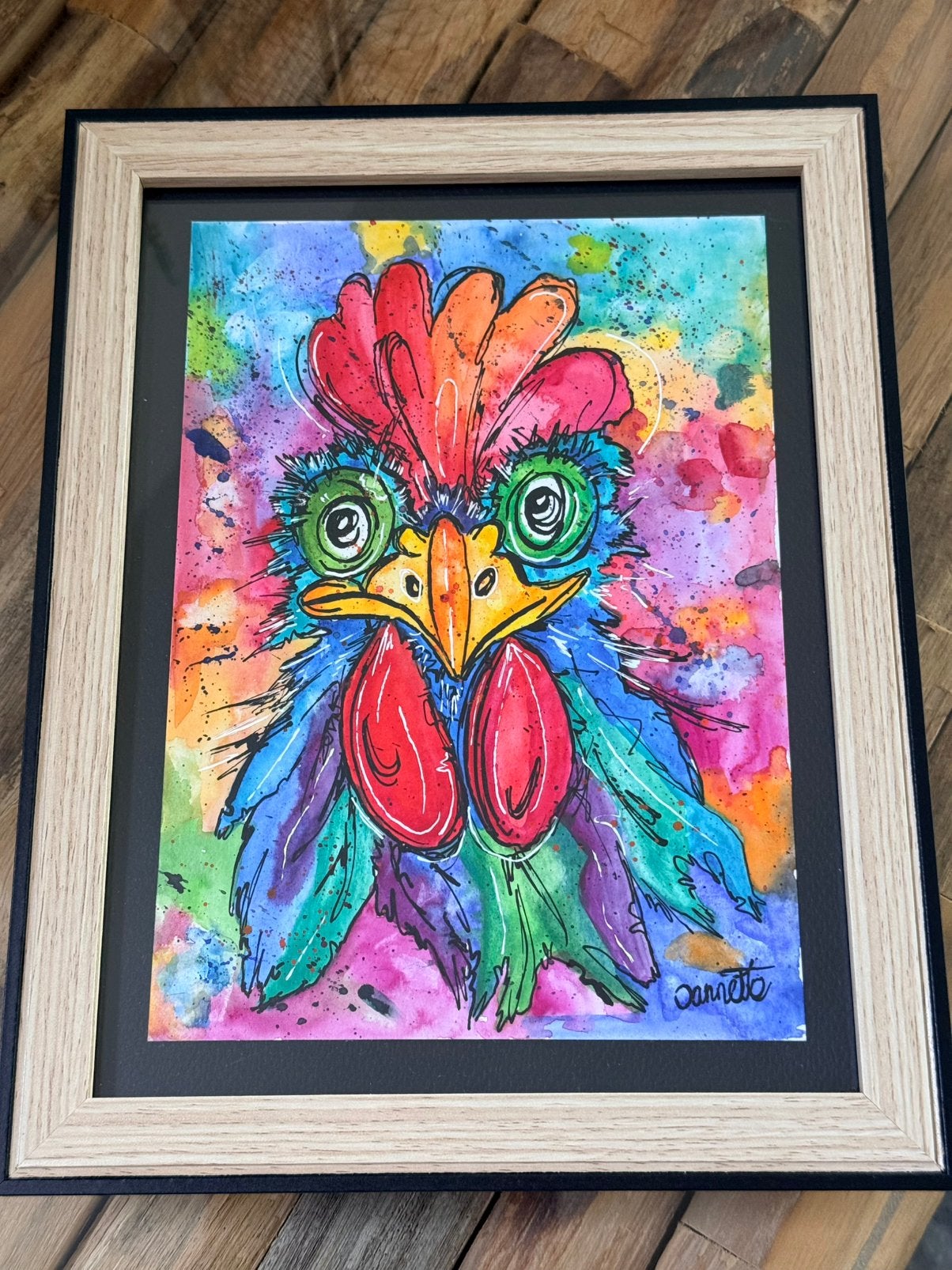 Kip abstract kleurrijke aquarel in lijst, Antiek en Kunst, Verzenden