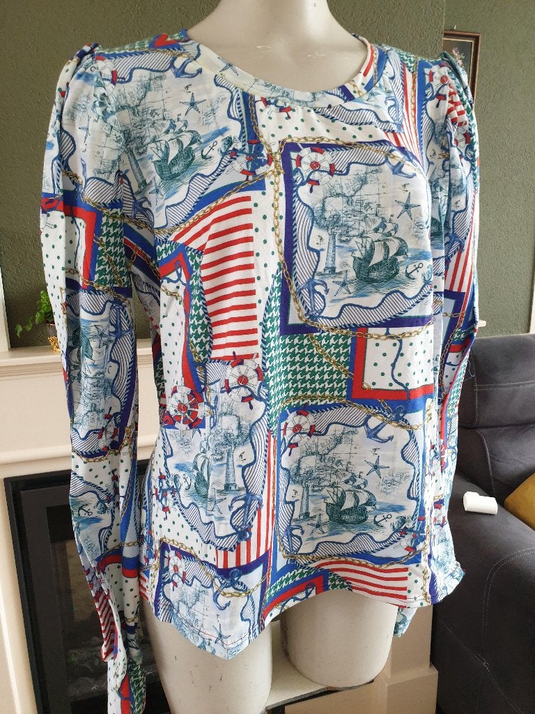Maritiem mooie pofmouw top wit blauw XXL 44, Maat 46/48 (XL) of groter, Zo goed als nieuw, Lange mouw, Verzenden