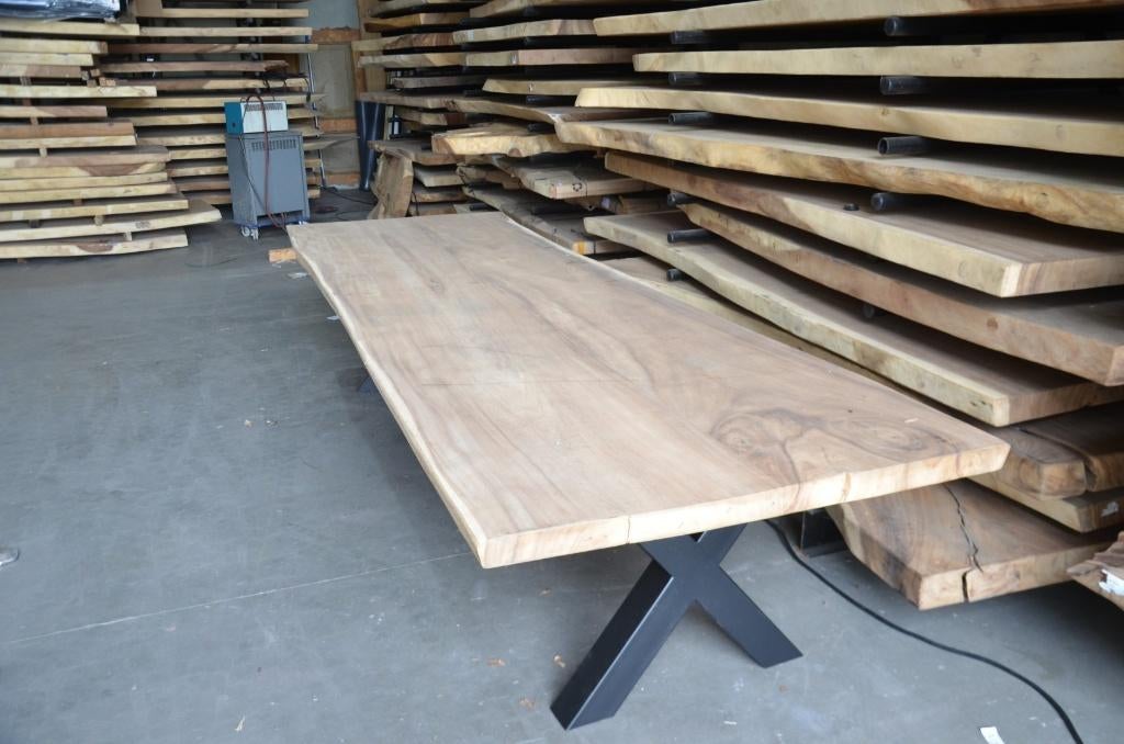 Suar boomstamtafel 350 cm-  BT195 – 3,5 m boomstamtafel, Verzenden, 50 tot 100 cm, Metaal, Rechthoekig