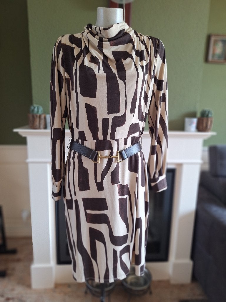 K-design Crème beige bruine jurk met riem L, K-design, Verzenden, Beige, Maat 42/44 (L)