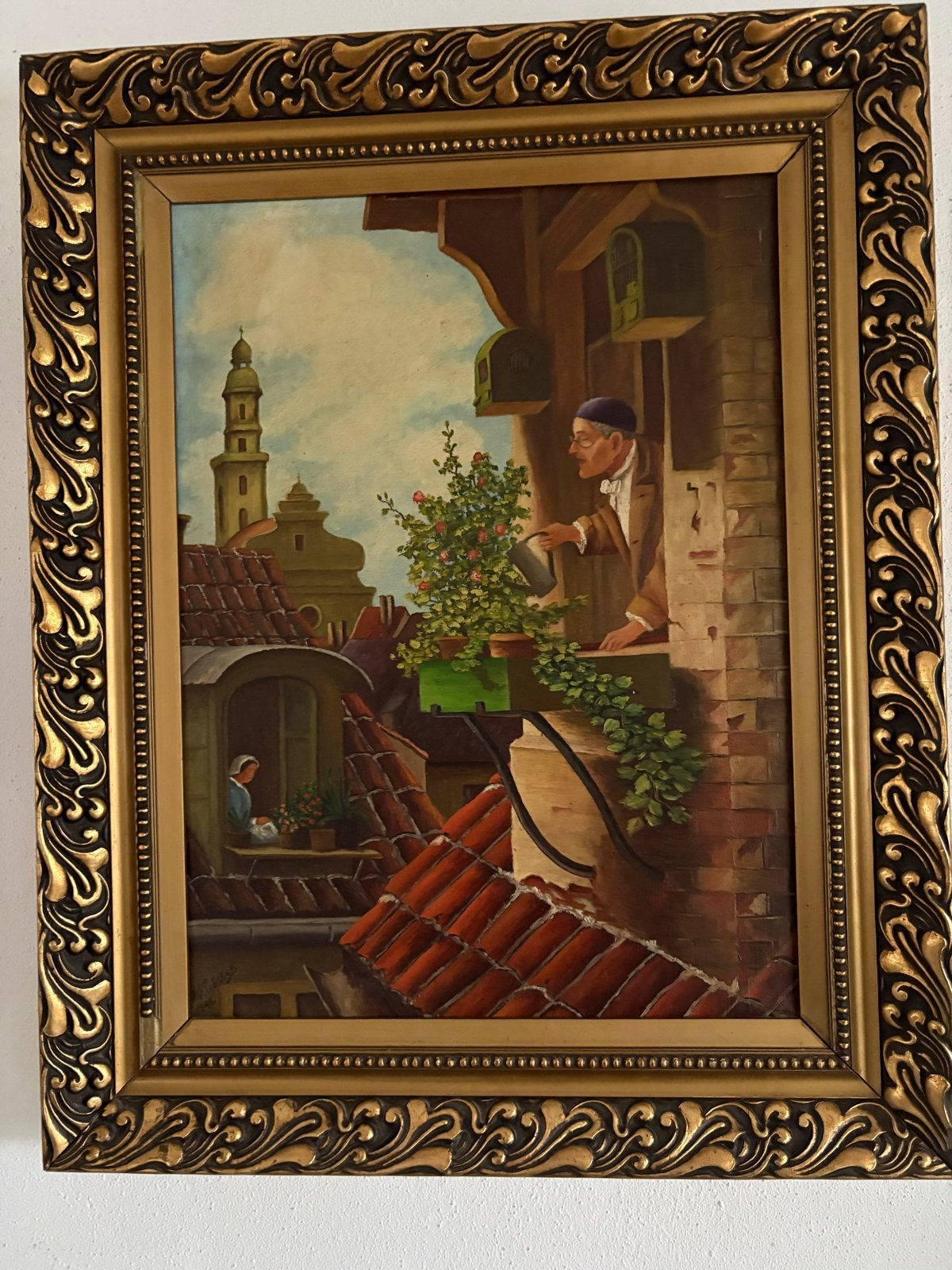 Reproductie 'De Zolderkamer' naar Carl Spitzweg, gesigneerd, Ophalen, Doek, Gesigneerd, Olieverf