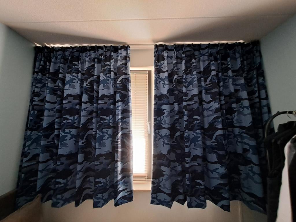 Camo Gordijnen - Blauw/Grijs Camouflage Patroon, Ophalen, Camouflage, Modern, 200 cm of meer, 150 tot 200 cm