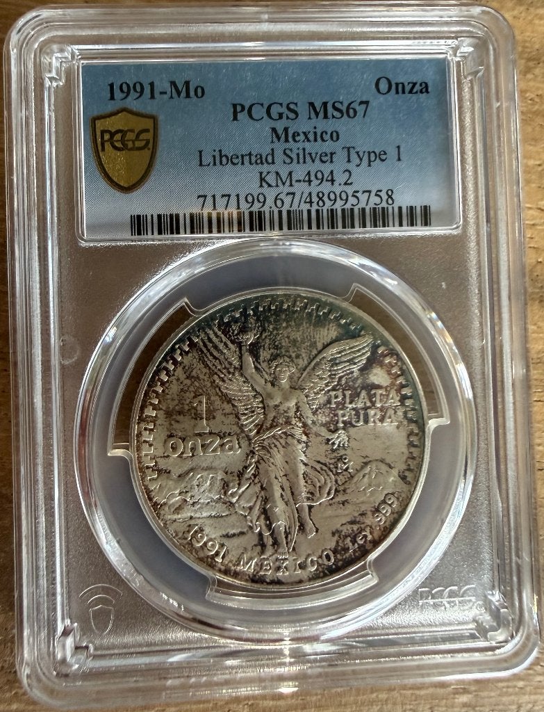 1991 Mexico Onza Libertad 1 oz silver PCGS MS67 TONER, Postzegels en Munten, Ophalen, Zilver