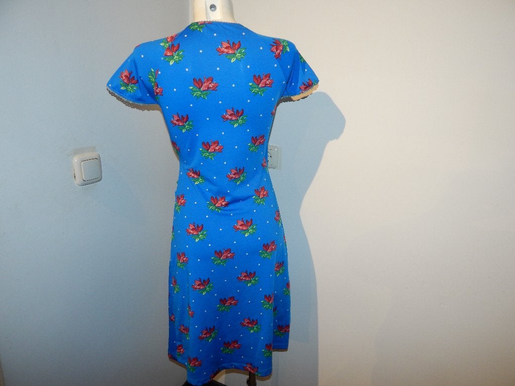 King Louie fel blauwe stretch jurk bloemen stippen S, Zo goed als nieuw, Knielengte, King Louie, Maat 36 (S)