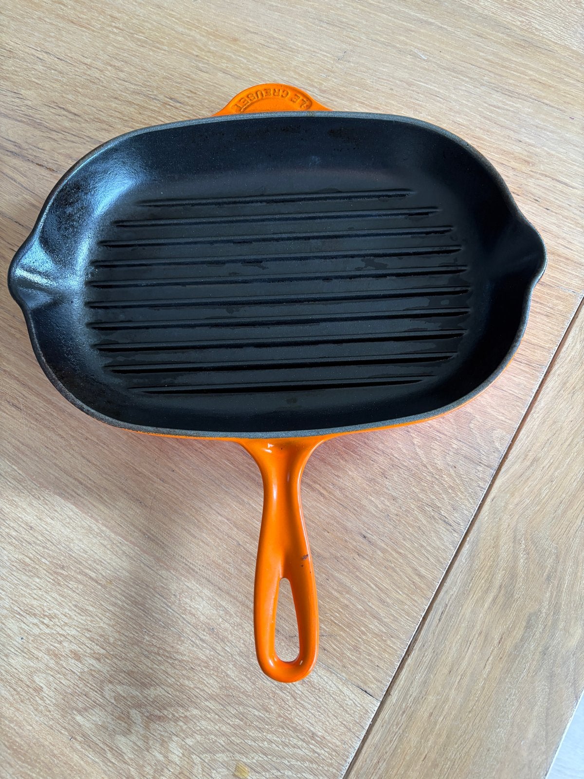 Le Creuset Grillpan Oranje Gietijzer, Huis en Inrichting, Keuken | Potten en Pannen, Koekenpan, Gebruikt, Gietijzer, Le Creuset