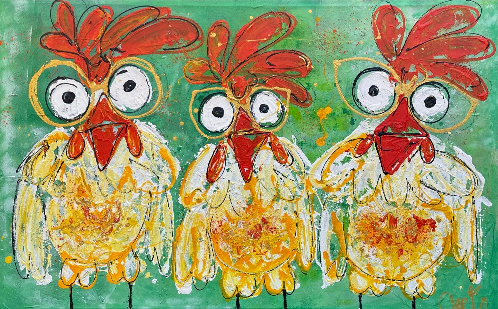 Vrolijke Kippen Humor Kunst - Modern Abstract Schilderij, Ophalen of Verzenden