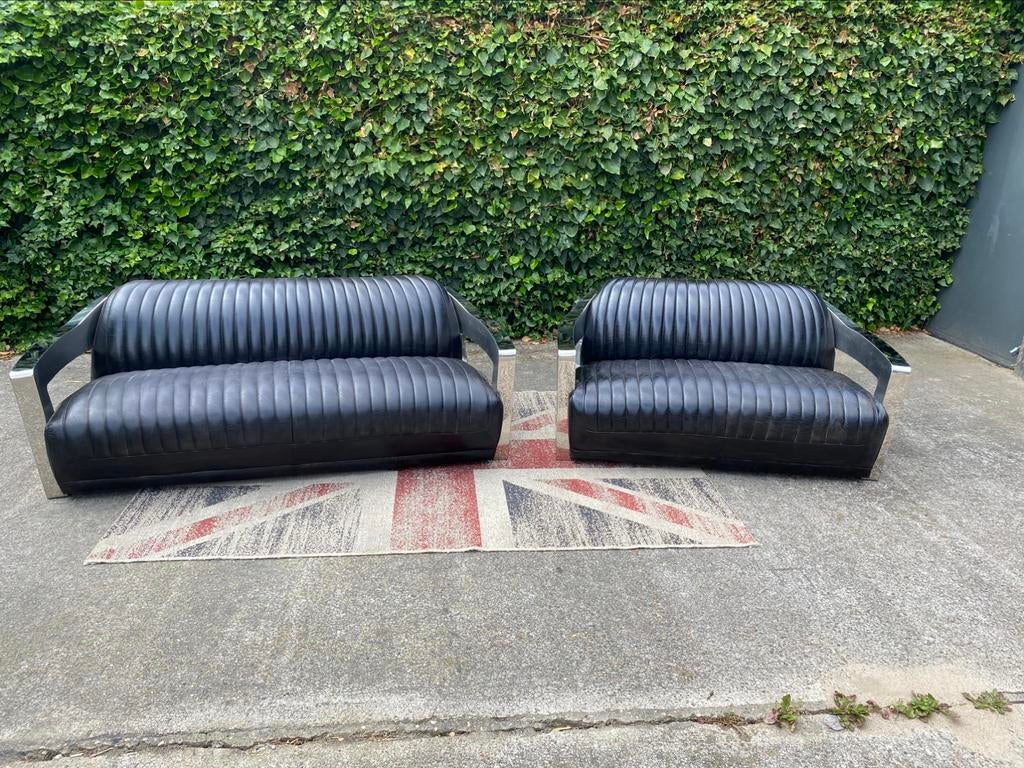 Aviator Timothy Oulton zwart generfde leren Set !!!, Gebruikt, 150 tot 200 cm, Rechte bank, Aviator