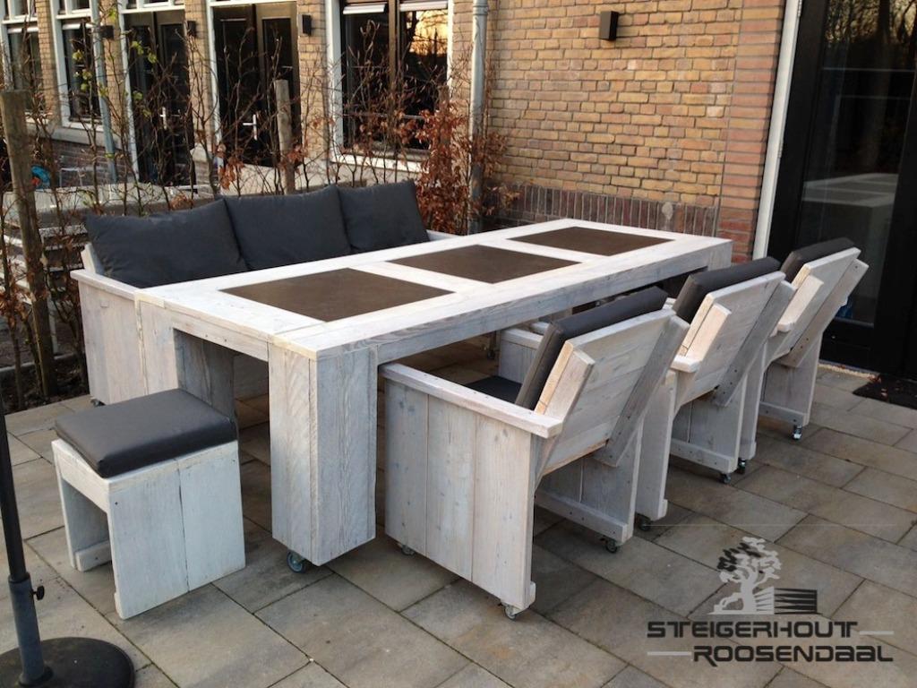 Steigerhout Tuinset Tafel met stoelen/bank SHOWROOM OPEN !!, Tuin en Terras, Tuinsets en Loungesets, Bank, Steigerhout, Nieuw
