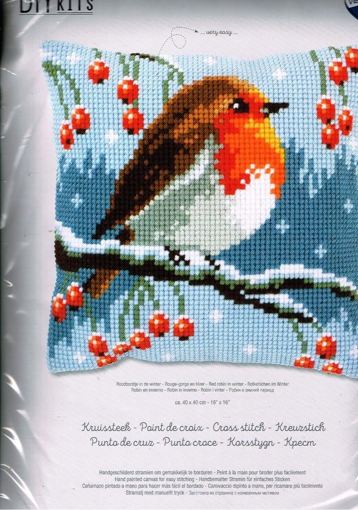 Cado vervaco borduurpakket kussen roodborstje in de winter, Ophalen of Verzenden, Nieuw, Handborduren, Borduurpakket