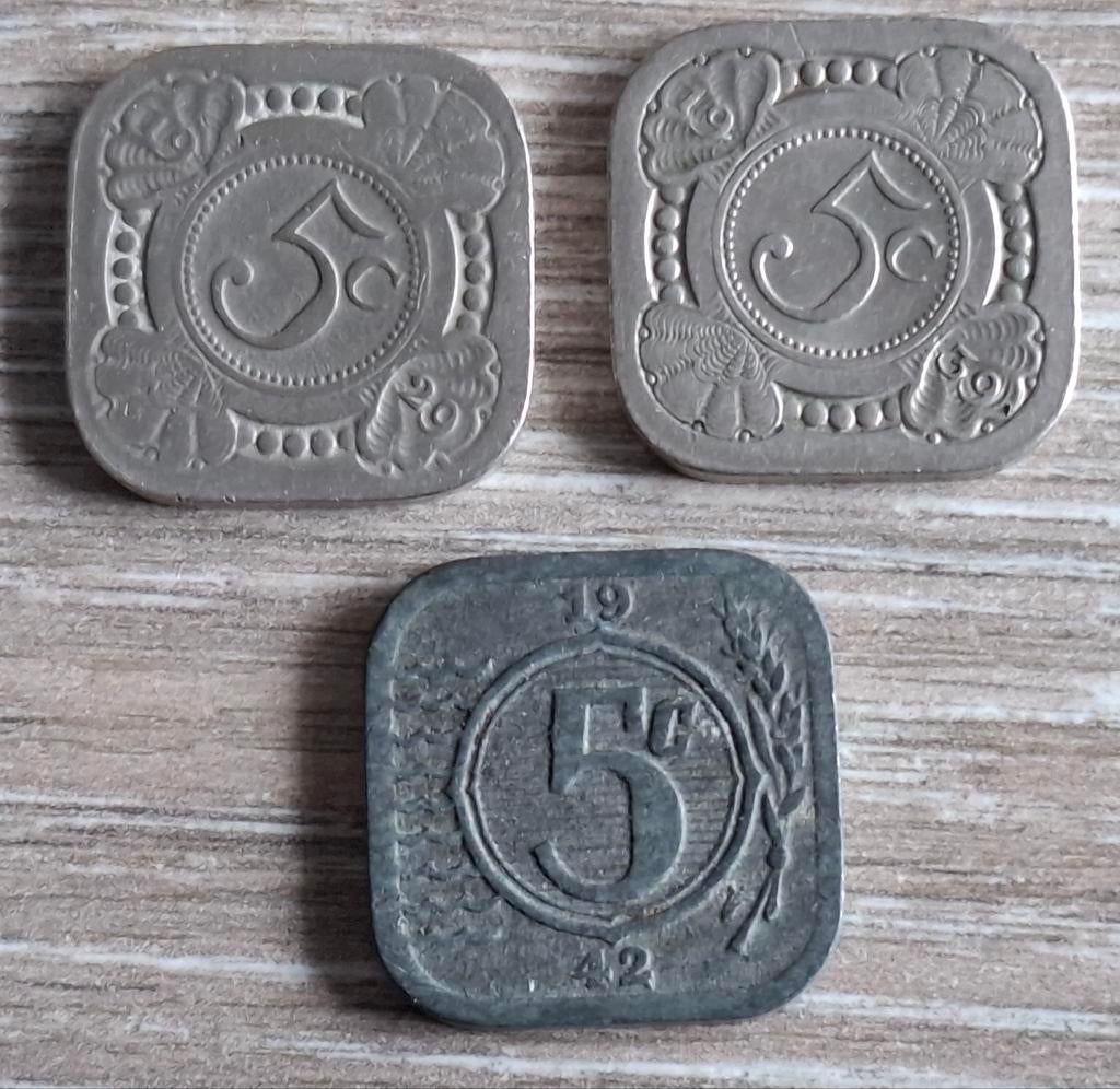 3x 5 Cent Wilhelmina - 1929, 1939, 1942, Ophalen of Verzenden, Koningin Wilhelmina, 5 cent, Losse munt