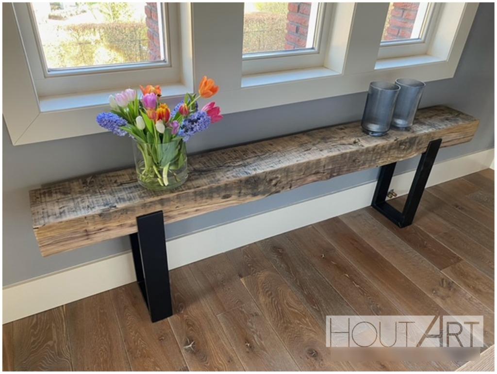 Sidetable / bijzettafel oud eiken biels stalen upoot, Ophalen of Verzenden, Hoeves 3 in Schijndel, Industrieel, Hout-Art