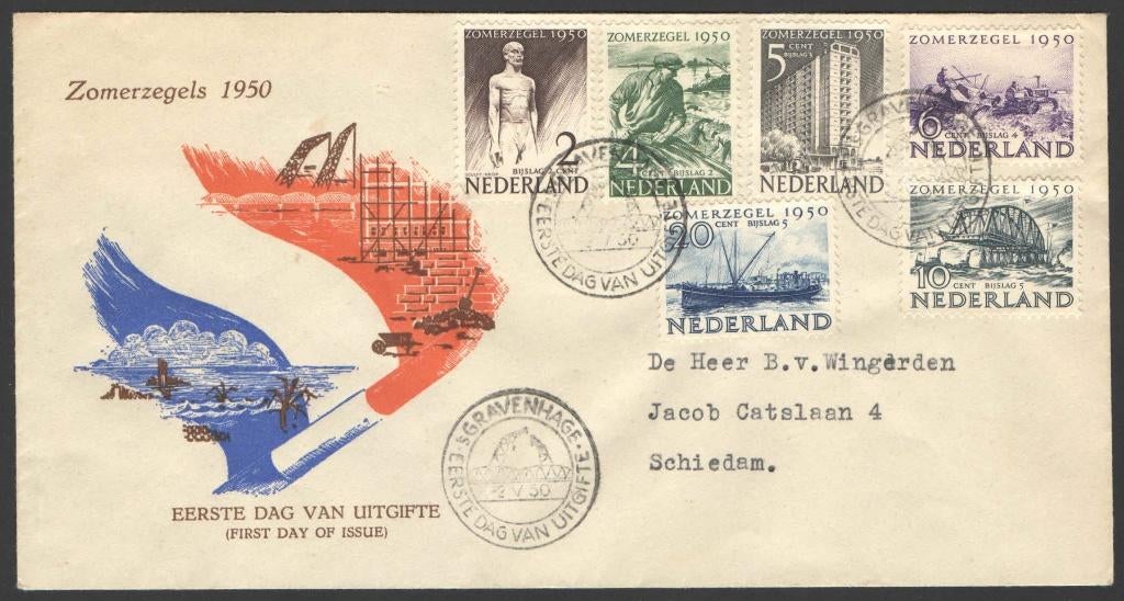 Nederland FDC E1 Met Adres, Zomerzegels 1950, Postzegels en Munten, Ophalen of Verzenden, Beschreven, Nederland