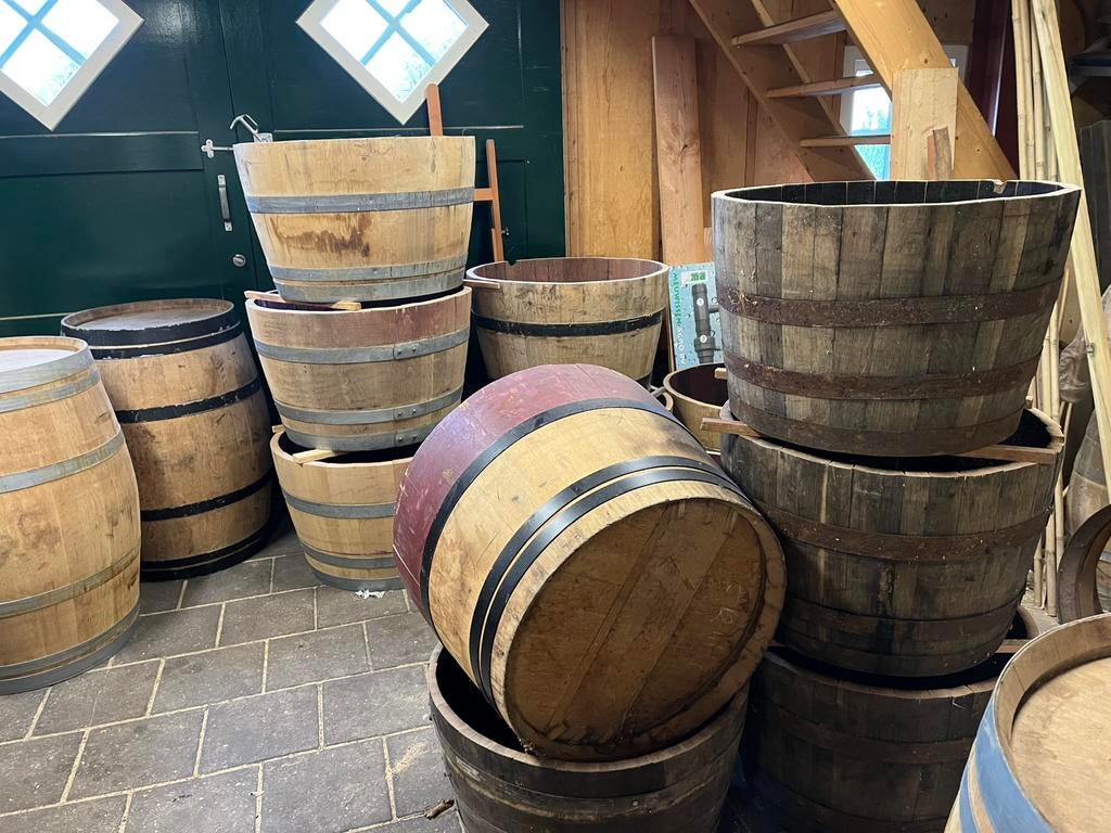 Bloembak half wijnvat whiskyvat palmboombak vijgenboom hout, Gerard Krale, Rond, Nieuw, Ophalen of Verzenden