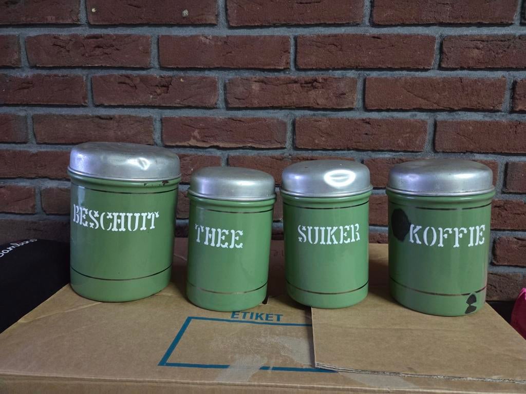 Emaille Vintage Keukenset - Beschuit, Thee, Suiker, Koffie, Ophalen of Verzenden, Gebruikt